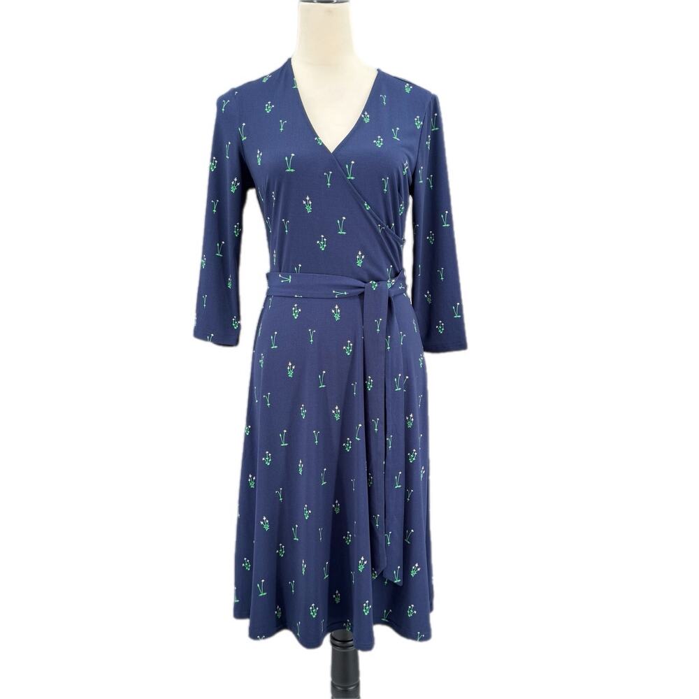 Leota NEW Perfect Faux Wrap 3/4 Sleeve Floral Blue V-neck Waist Belt Tie Dress
